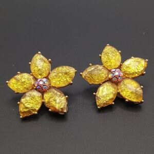 Vintage Gold Foil Floral Clip Earrings, Pink AB Rhinestone Centers, 1 3/8 Inches